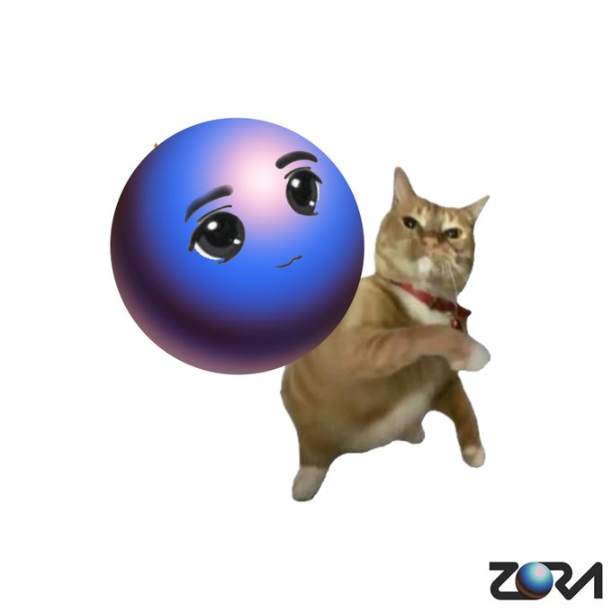A blue emoji-style sphere with large expressive eyes sits next to an orange tabby cat standing on its hind legs wearing a red bandana, with the "ZORA" logo visible in the bottom right corner—suggesting a playful, meme-style branding for the $ZORA token.