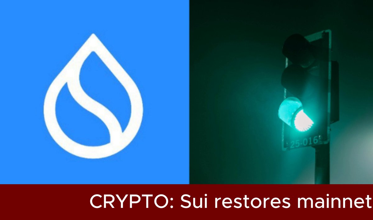 The image shows a green traffic light with the word "Cypto" written above it. Below the traffic light, there's an image of a blue drop symbol. The text below these images reads "Sui ships the real fix after a patch caused a second stall @SuiNetwork ... this time with a permanent fix rather than the stopgap that failed."