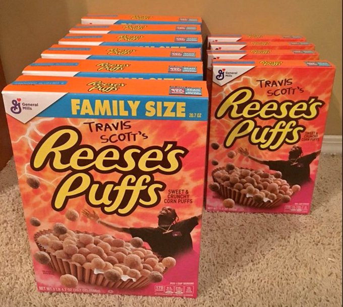 Several boxes of Travis Scott's Reese's Puffs cereal (Family Size 20.7 oz and regular size) are stacked on a carpeted floor, referencing the limited 2019 Travis Scott x Reese's Puffs collaboration that became a viral resale item during the height of the artist's commercial peak—a joke about overinvesting in celebrity brand hype leading to crypto schemes.
