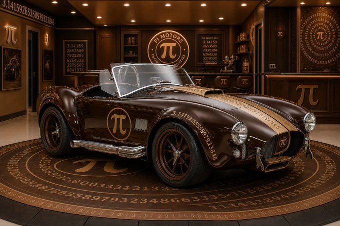 A brown sports car in a garage is decorated with the pi (π) symbol and the digits of pi on its body and the floor around it, branded "PI MOTORS."