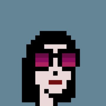 Pixel art illustration of a pale female character with long black hair and pink/purple eyeshadow against a gray background.