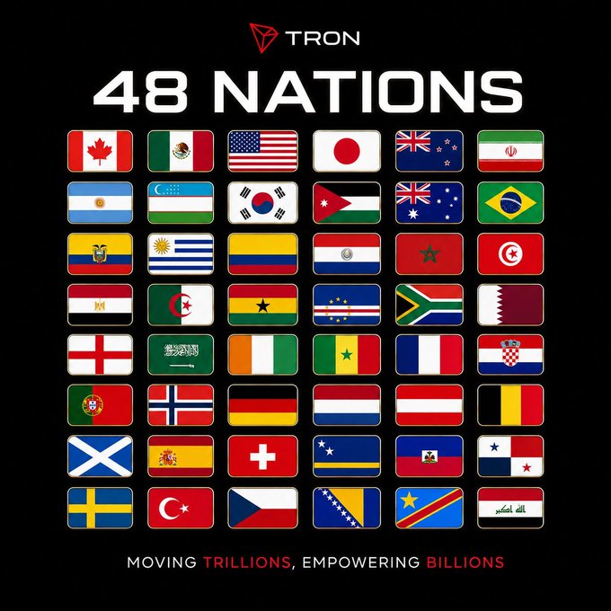 The image features a poster with 48 different flags from various countries displayed against a black background. The poster also includes text that reads "48 Nations" and "moving tri-lions, empowering billions", suggesting that TRON is promoting unity among nations through its platform or game. This message can be related to the post by highlighting how TRON aims to bring people together across different cultures and countries, fostering understanding and collaboration in a fun and interactive way.