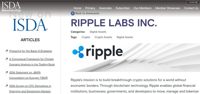 The image displays an ISDA Member Showcase webpage featuring Ripple Labs Inc., listed under the Digital Assets category with tags for Crypto, Crypto Assets, and Digital Assets, alongside Ripple's logo and mission statement about building crypto solutions for borderless finance. This visually confirms the post's announcement of Ripple joining ISDA, the global derivatives association whose trillion-dollar market membership includes major financial institutions like BlackRock, J.P. Morgan, and Goldman Sachs.