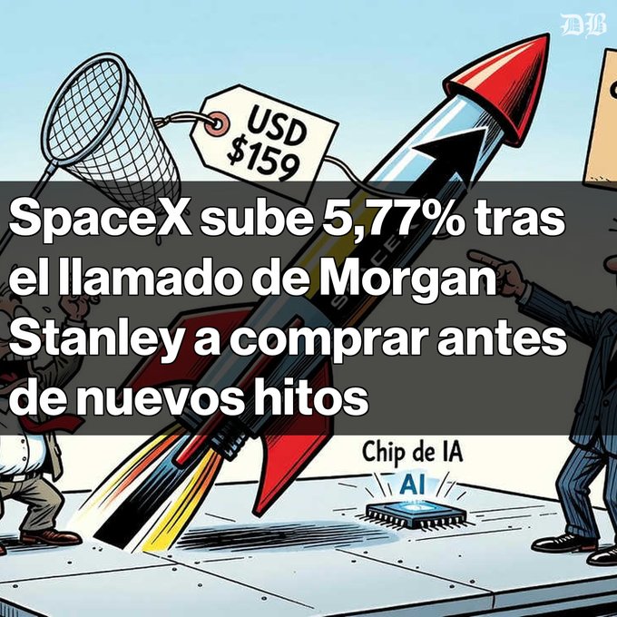 An illustration shows a red and white rocket launching next to a USD $159 price tag, with a small AI chip on the ground, accompanied by the Spanish headline "SpaceX sube 5,77% tras el llamado de Morgan Stanley a comprar antes de nuevos hitos." The image visually represents SpaceX's stock surge and Morgan Stanley's bullish call, with the rocket symbolizing the company's upward trajectory and the AI chip alluding to the firm's growing AI compute opportunities cited in the analyst's thesis.