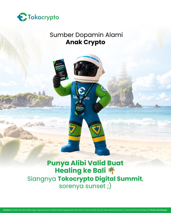 A promotional poster for Tokocrypto featuring a mascot in racing gear holding a phone, set against a Bali beach backdrop, advertising 'Tokocrypto Digital Summit' with the tagline 'Punya Alibi Valid Buat Healing ke Bali'.