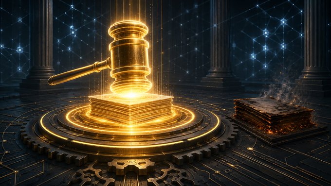 A fantasy illustration depicts a glowing golden gavel resting on a stack of golden books atop a circular pedestal, with a network of connected stars in the background and a darker, smoldering book beside it.