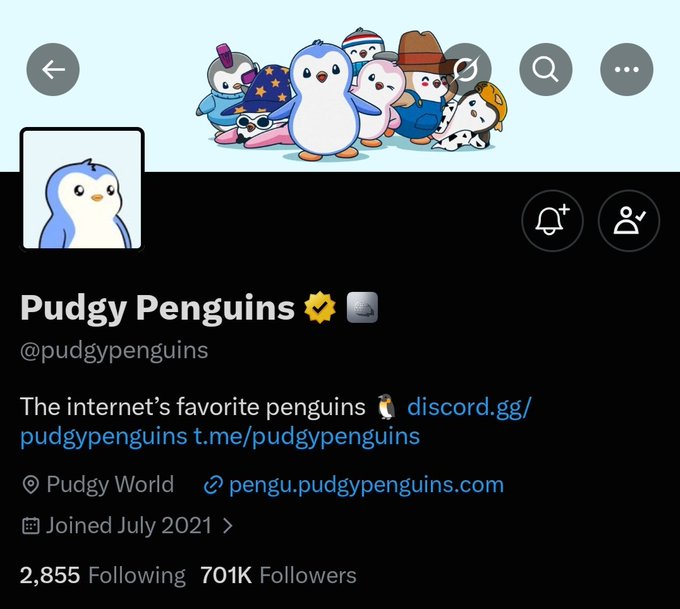 X (Twitter) profile page for 'Pudgy Penguins' (@pudgypenguins), a verified account with 701K followers, describing itself as 'The internet's favorite penguins' with a Discord link.