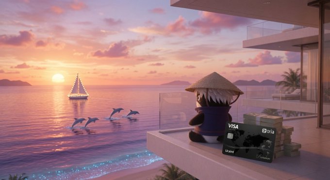The image features a panda sitting on a balcony overlooking the ocean, with a boat sailing nearby. In front of the panda, there are two credit cards displayed - one black and one white. The panda appears to be holding or looking at these cards while enjoying its view. The post also mentions that the biggest change in someone's crypto journey is not finding better tokens but rather using products they actually use. This can help them avoid spending time on analyzing and comparing various token offerings, allowing them to focus more on their actual usage of the tokens for trading or investing purposes.