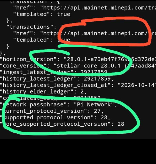 A screenshot of code or API output showing JSON data from mainnet.minepi.com, with red and green hand-drawn circles highlighting transaction links, horizon/core versions, and network passphrase "Pi Network" along with protocol versions 27 and 28.