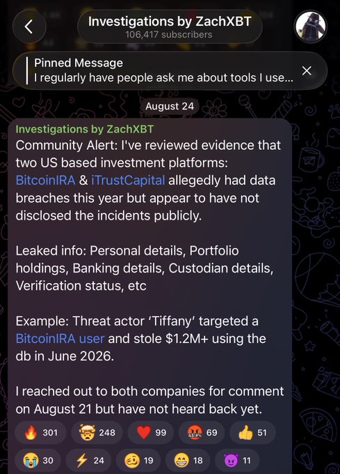 The image displays a Telegram post from "Investigations by ZachXBT" alerting the community that US-based investment platforms BitcoinIRA and iTrustCapital allegedly suffered undisclosed data breaches in 2025, with a threat actor named "Tiffany" stealing $1.2M+ from a BitcoinIRA user in June 2026.

The post illustrates the caption's concern by highlighting how both companies allegedly failed to publicly disclose the breaches even after being contacted, exposing users to continued fraud risks without their knowledge.