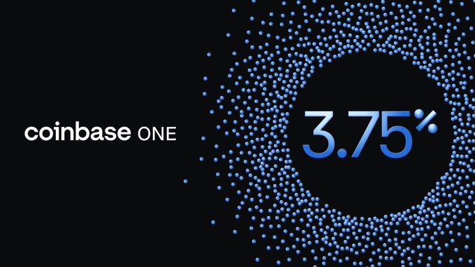 A black promotional image for "coinbase ONE" featuring a circular pattern of blue dots surrounding the text "3.75%".