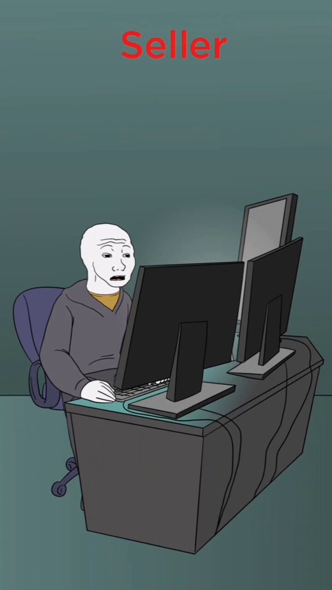 The image features a man sitting at his desk, working on three computer monitors. The man appears to be focused on his work or possibly browsing the internet. The scene takes place against a blue background with a green wall behind him. There are no other objects in the image besides the man and his computer setup.