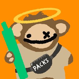 A cartoon illustration of a smiling monkey wearing a halo, holding a green bat, and wearing a shirt with a tag reading 'PACKS'.
