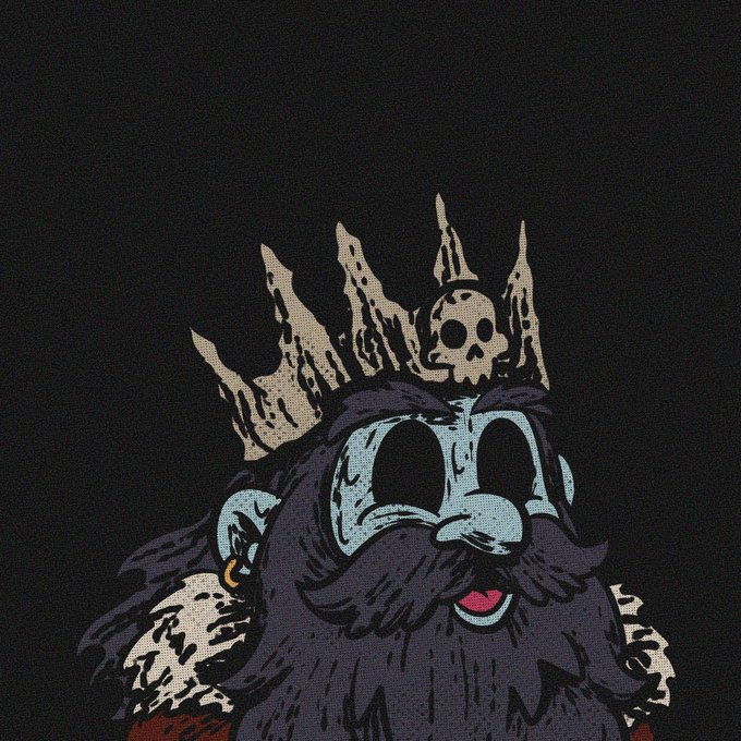 A stylized, dark illustration of a bearded character with wide, hollow eyes and a small skull on top of his head, wearing a gold earring and a red garment.