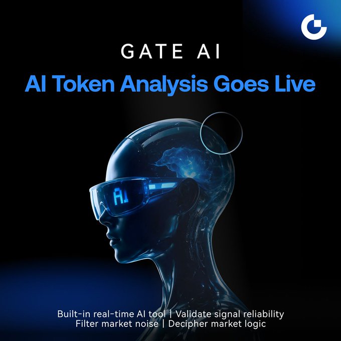 "AI Token Analysis Goes Live" with "GATE AI" branding, showcasing an AI-powered analysis tool that validates market signals and filters noise. This image visually represents the advanced AI technology mentioned in the post.