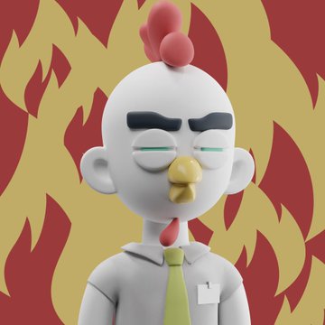 A 3D-rendered cartoon chicken character wearing a shirt and green tie, with half-closed eyes and a serious expression, set against a background of red and yellow flames.