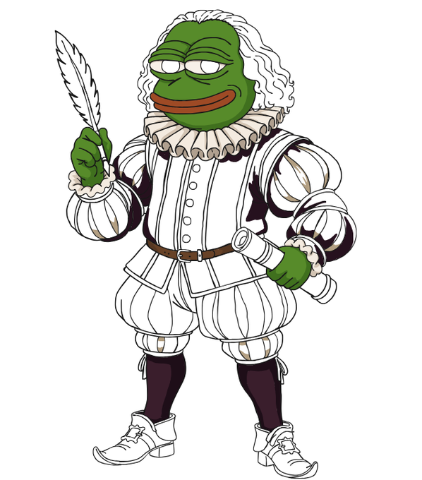 An illustration of a green Pepe the Frog character dressed in a white Shakespearean-era ruffled outfit, holding a quill pen and a rolled scroll.