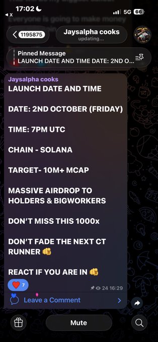 A screenshot from a Telegram channel named 'Jaysalpha cooks' announces a token launch on the Solana chain, listing details like 'DATE: 2ND OCTOBER (FRIDAY)', 'TIME: 7PM UTC', and 'TARGET- 10M+ MCAP'.