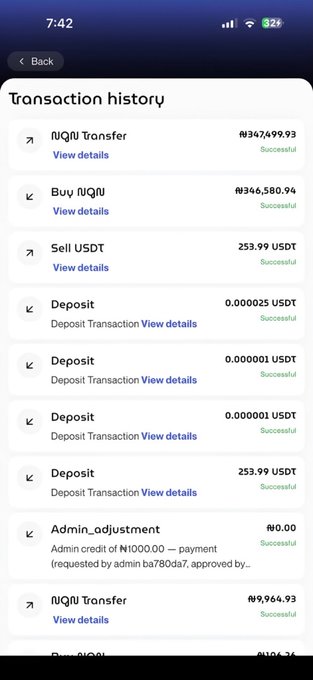 A mobile app transaction history screen showing successful NGN and USDT transactions, including transfers, buys, sells, deposits, and an admin adjustment of ₦10,000.00, with balances in Naira.