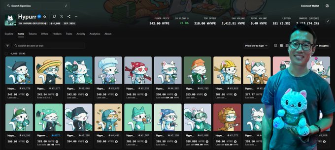 The image shows the Hypurr NFT collection on OpenSea, displaying 27,766 items with a floor price of 242.00 HYPE and a total volume of 6.46M HYPE, alongside a man holding a teal Hypurr plushie. This visually supports the post's speculation about potential rewards for Hypurr holders, highlighting the collection's status as the official NFT tied to Hyperliquid's HYPE token ecosystem ahead of its first anniversary on September 28.
