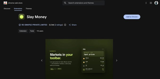 Chrome Web Store page for the 'Slay Money' extension by RD SWAPSO PRIVATE LIMITED, rated 5.0 with 112 users, featuring a 'Markets in your toolbar' interface showing Spot prices for major coins.