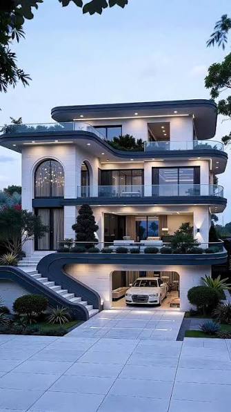 A digital rendering of a luxurious, modern multi-story white house with an outdoor terrace, a curved staircase, and a sleek white sports car parked in the lower-level garage.