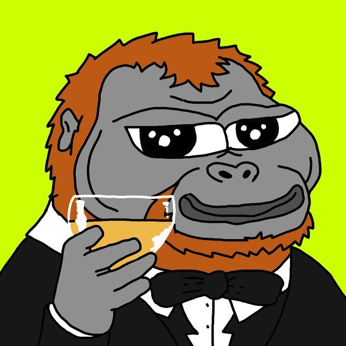 A cartoon illustration of a gorilla wearing a black tuxedo and bow tie, holding a glass of amber liquid, set against a bright green background.