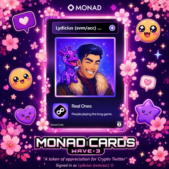 A colorful 'MONAD CARDS WAVE 3' digital collectible card featuring a smiling cartoon man with a purple giraffe companion, framed in a neon pink border with cherry blossoms, hearts, and star emojis, labeled 'Lydicius (svm/acc)' and 'Real Ones'.