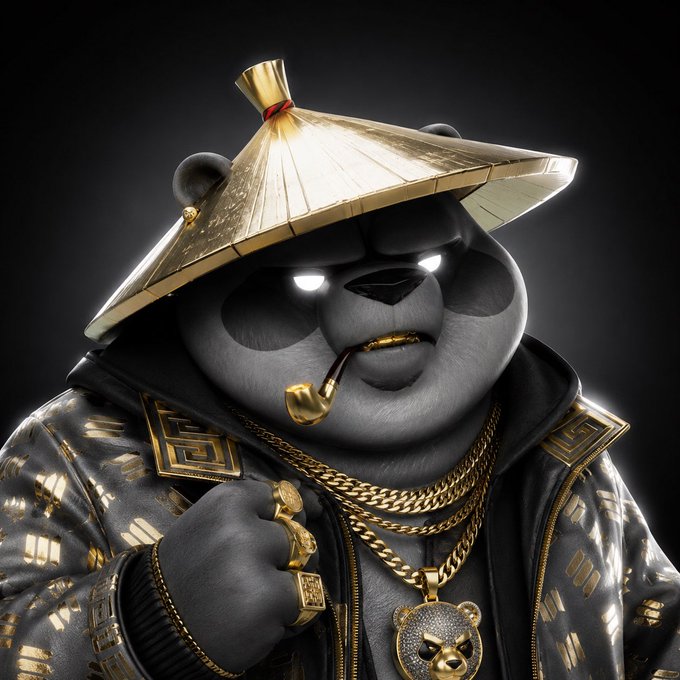 A 3D-rendered character of a panda wearing a golden Asian-style straw hat, a gold chain with a bear pendant, and a black and gold patterned jacket, while smoking a gold pipe.