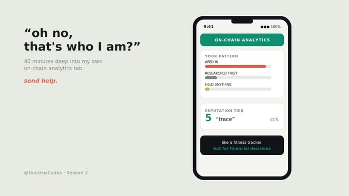 Marketing graphic reading 'oh no, that's who I am?' — 40 minutes deep into my own on-chain analytics tab. send help, showing a mock 'ON-CHAIN ANALYTICS' phone screen with 'YOUR PATTERN' and 'REPUTATION TIER 5 trace' (@NucleusCodes · Season 2).