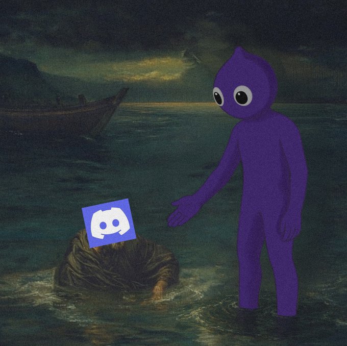 The Discord logo floats atop a clump in the water beside a purple figure reaching toward it, mirroring the post's announcement that the "goobze" Discord has launched with 40 whitelist spots available for early contributors.
