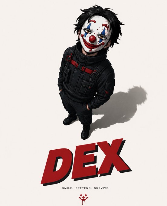A cartoon clown with a red nose, black suit, and white face paint stands against a light gray background, accompanied by the text "smile, pretend, survive."