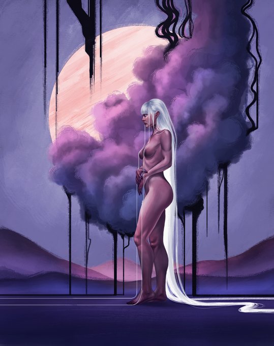 A digital artwork titled "Eternal Night" depicting a pale, ethereal figure with long flowing white hair standing before a pink moon and billowing purple smoke clouds with dripping ink-like tendrils, fitting the post's announcement of selling edition 13/25 on objkt.com.