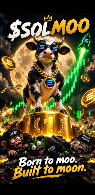 A meme coin graphic titled '$SOLMOO' featuring an anthropomorphic cow with sunglasses and a gold chain standing on a gold podium under a full moon, with cartoon characters below and the slogan 'Born to moo. Built to moon.'