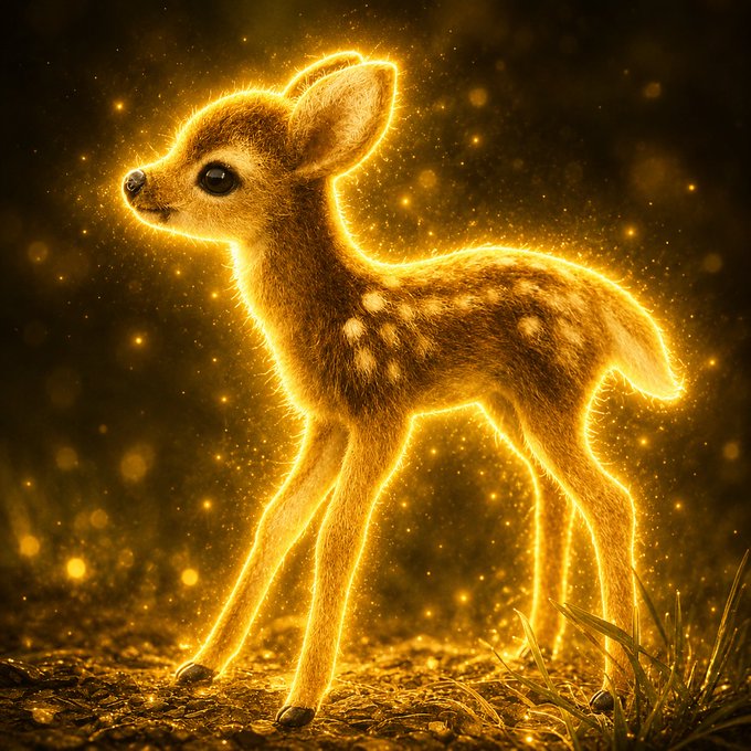 A magical, glowing digital artwork of a baby fawn with spots, outlined in radiant golden light against a dark, sparkling background.