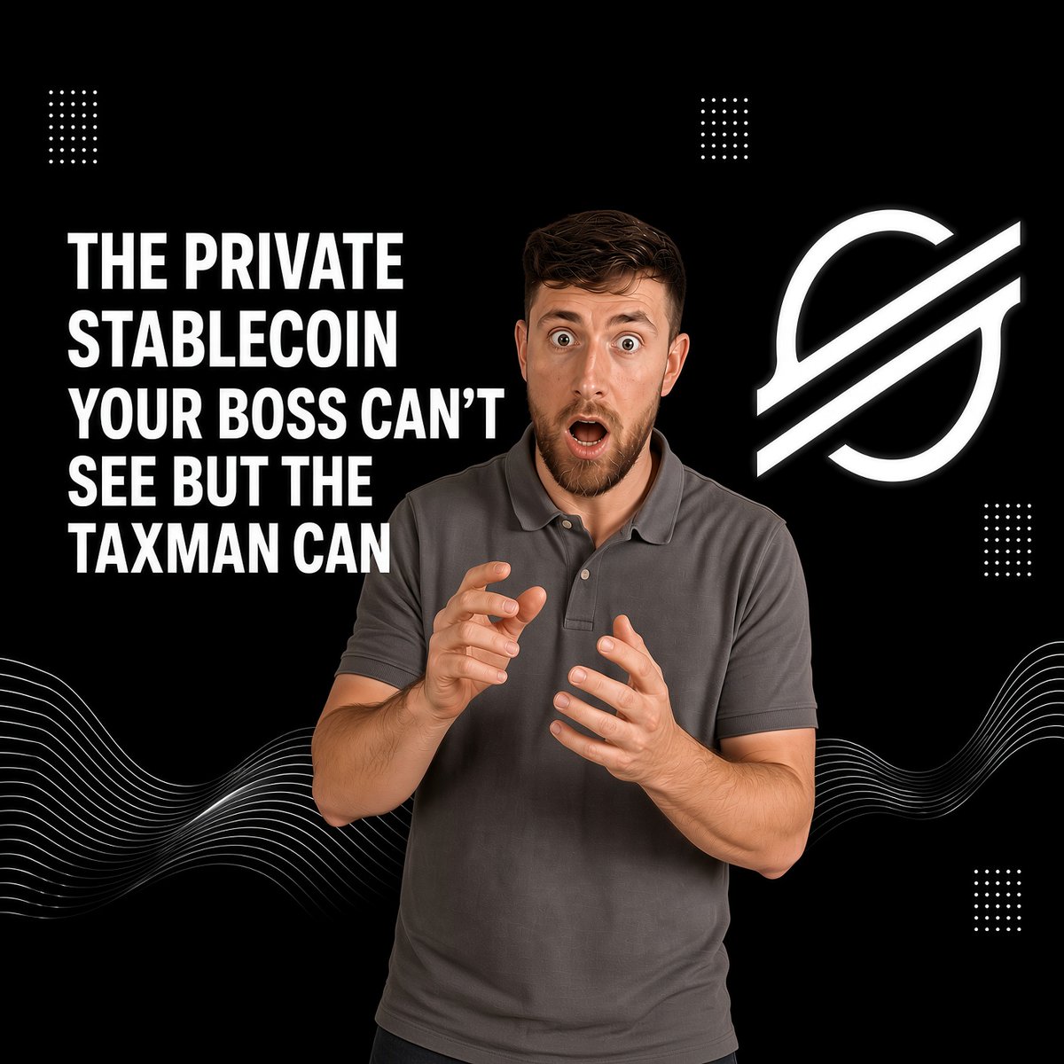 A man with a surprised expression wearing a gray polo shirt stands against a black background, with text reading "THE PRIVATE STABLECOIN YOUR BOSS CAN'T SEE BUT THE TAXMAN CAN" next to a Stellar (XLM) logo.