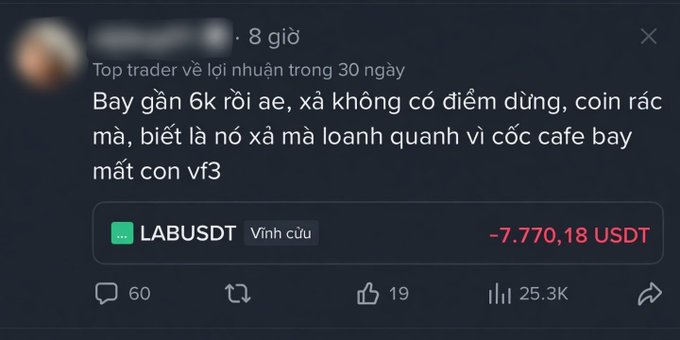A tweet in Vietnamese discussing top trader profits, showing a loss of -7,770.18 USDT on the token LABUSDT, with 25.3K views.
