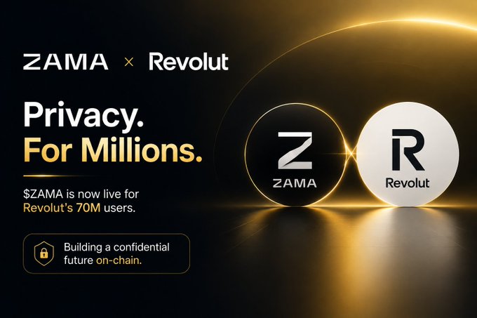 A promotional banner announcing 'ZAMA x Revolut - Privacy. For Millions.' with text stating $ZAMA is live for Revolut's 70M users to build a confidential future on-chain.