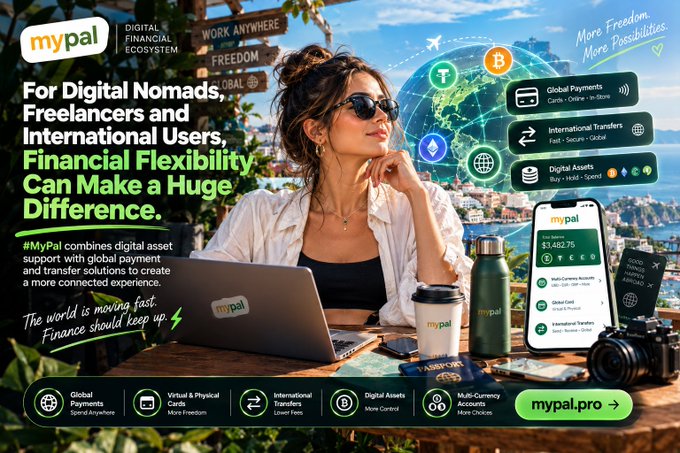 The image is a promotional advertisement for MyPal, a digital financial ecosystem, featuring a woman working on a laptop in an outdoor setting with a coastal cityscape behind her. Key text includes "For Digital Nomads, Freelancers and International Users, Financial Flexibility Can Make a Huge Difference," along with MyPal's website "mypal.pro" and features like Global Payments, Virtual & Physical Cards, International Transfers, Digital Assets, and Multi-Currency Accounts. The ad visually reinforces the post's message by showcasing the freedom and connectivity MyPal offers to location-independent users, with floating graphics of cryptocurrency icons (Bitcoin, Ethereum) and a smartphone displaying a balance of $1,482.75, emphasizing seamless global financial management.