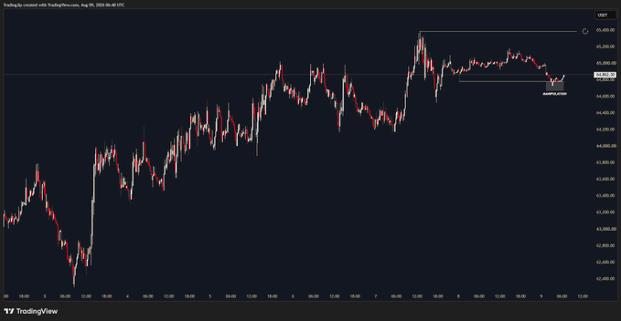 A TradingView candlestick chart on the USDT pair shows Bitcoin (BTC) price action over August 5-9, 2025, with the price hovering around 65,750 after hitting a recent high near 65,850, featuring a highlighted "MANIPULATION ZONE" where sideways consolidation suggests potential liquidity grabs before the next directional move.