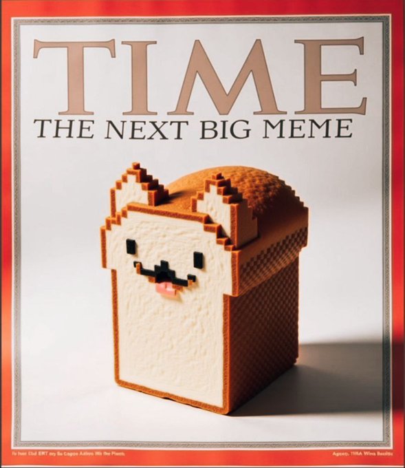 A TIME magazine cover parody titled "THE NEXT BIG MEME" features a voxel-style 3D cat character made of bread texture, styled with a small smile and pink tongue. The image relates to the post's crypto cycle commentary, using the "Loaf Cat" meme as the face of the speculative meme coin hype—glamorizing the next big thing while hinting at the "winter" risk that creates legends (and losses) for those who don't choose wisely.