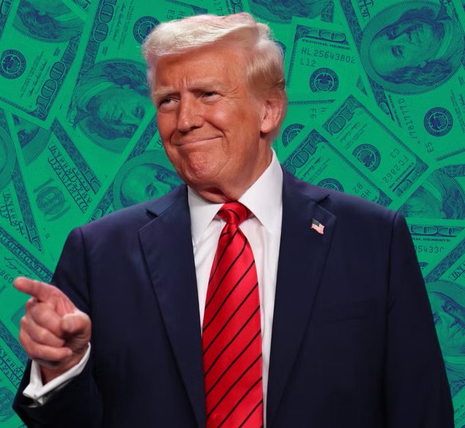 The image features Donald Trump smiling and pointing, set against a backdrop of hundred-dollar bills tinted green. The accompanying post touts a promised "Trump Dividend" of $5,000 per American adult, using the money-themed background to reinforce the financial benefit claim.