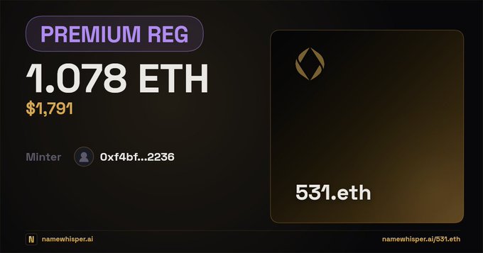 The image shows a black screen with purple text that reads " Premium Reg 1.0 ether" above an oval shape. Below this, there's information about a cryptocurrency called " ether". The image also features details about a sale of ether, including its price at $1,791 and the time it was bought for $5.2 eth.