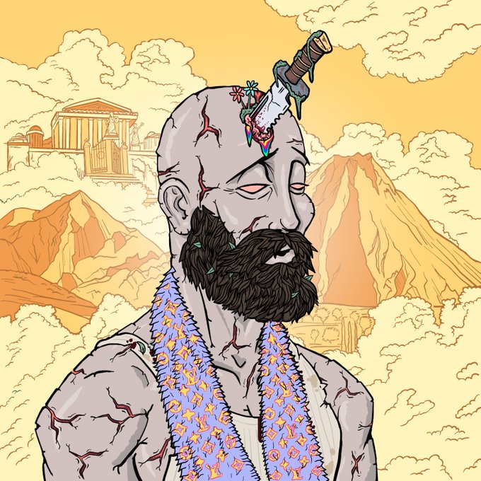 An illustration of a bald, bearded warrior with a sword pierced through his head and flowers growing from the wound, wearing a patterned scarf with mountains and a Greek temple in the background.