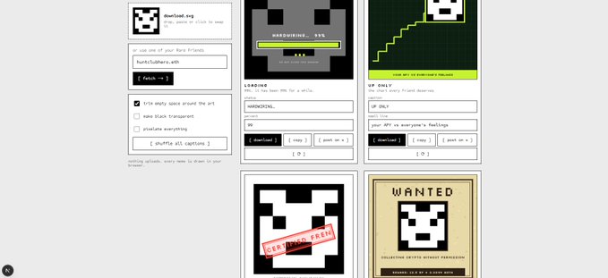 The image shows a meme generator interface displaying pixel art skull designs in various formats, including a "Wanted" poster with "DERP MADE FREE" and "COLLECTING CRYPTO WITHOUT PERMISSION" text, along with customizable caption fields showing options like "hurtsfullure.eth" and "HARDCOREON." This relates to the post as the creator is showcasing their first attempt at building a meme generator, with the pixel art skulls and crypto-related text reflecting the playful, crypto-themed aesthetic of their project.