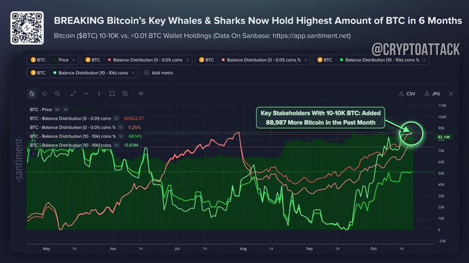 A Santiment chart titled “BREAKING Bitcoin’s Key Whales & Sharks Now Hold Highest Amount of BTC in 6 Months” displays BTC price and wallet-balance distribution, highlighting “Key Stakeholders With 10-10K BTC Added 85,997 More Bitcoin in the Past Month.”