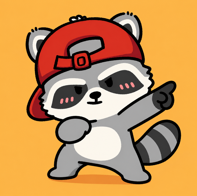 iced cartoon raccoon dances with a red baseball cap, pointing rightward against an orange background.