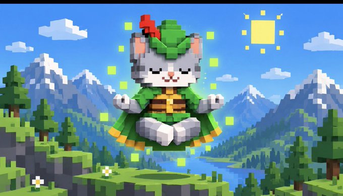 A Minecraft-style digital artwork showing a blocky white cat-like character wearing a green and orange outfit, floating/meditating in a pixelated landscape with mountains and a sun.