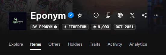 A screenshot of the Eponym NFT marketplace profile for 'EPONYM' on the Ethereum blockchain, showing 9,993 items, a verified badge, and navigation tabs like Explore, Items, Offers, Holders, Traits, and Activity.