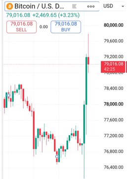 A Bitcoin/U.S. Dollar trading chart shows the price at 79,016.08, up 2,469.65 (+3.23%), with sell and buy orders listed and red and green candlesticks displayed.